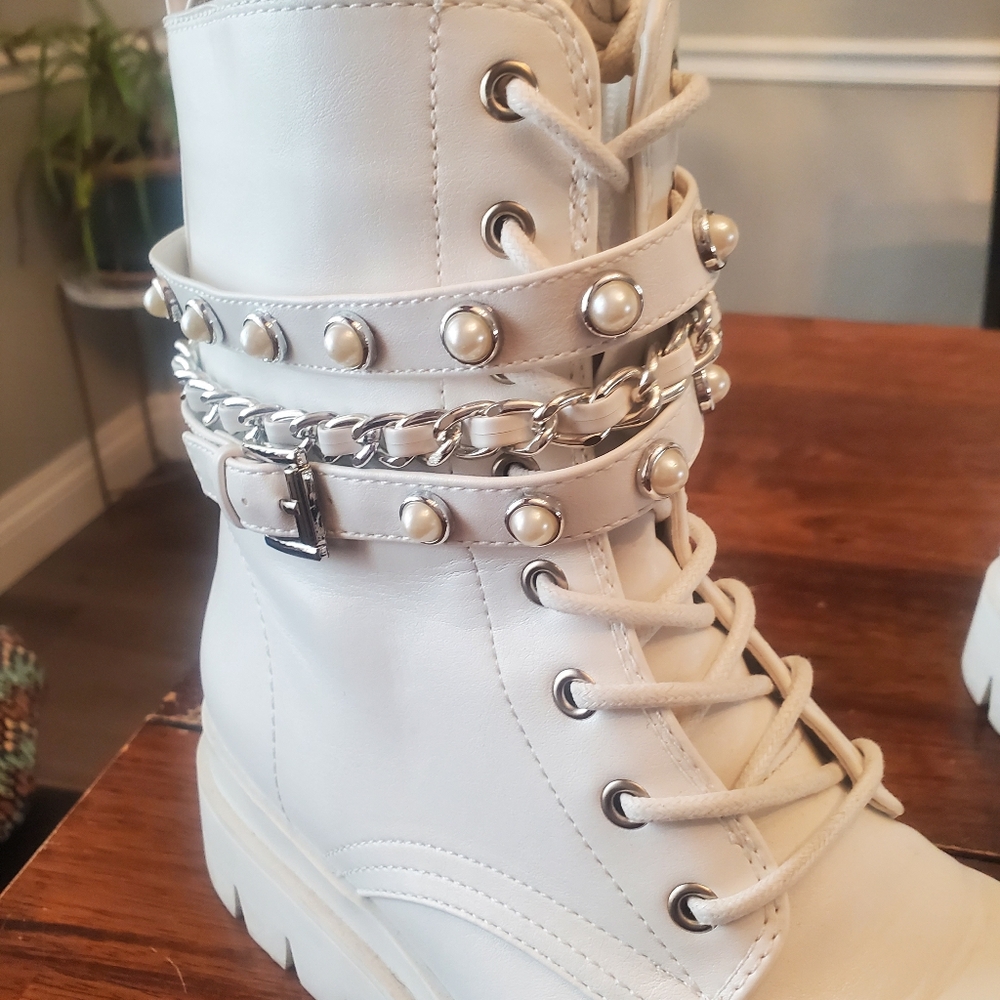 White and Silver Combat Moto Boots with Decorative Strap